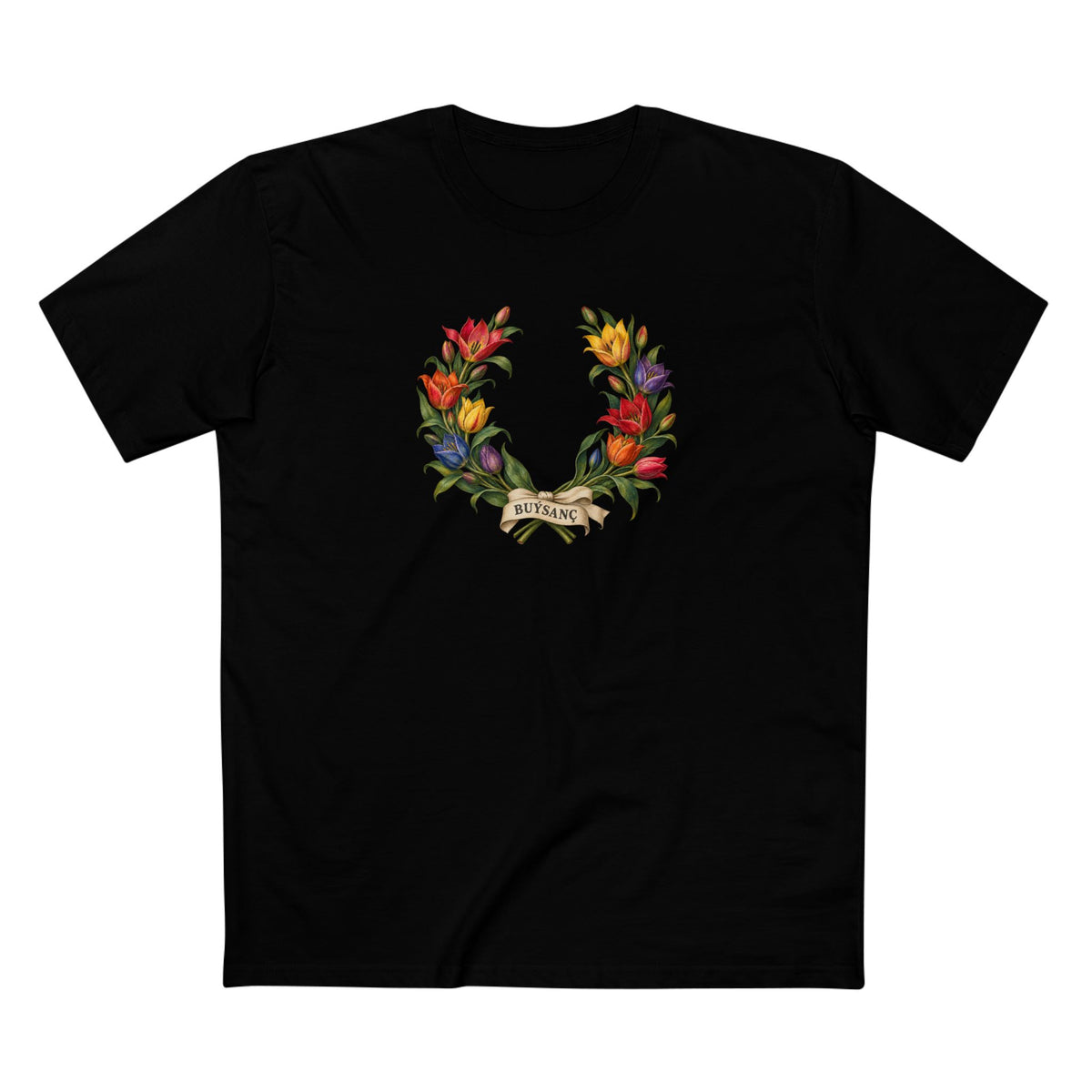 Turkmen Wild Tulip Buýsanç Pride Laurel Wreath T-Shirt — Unfolding Strength