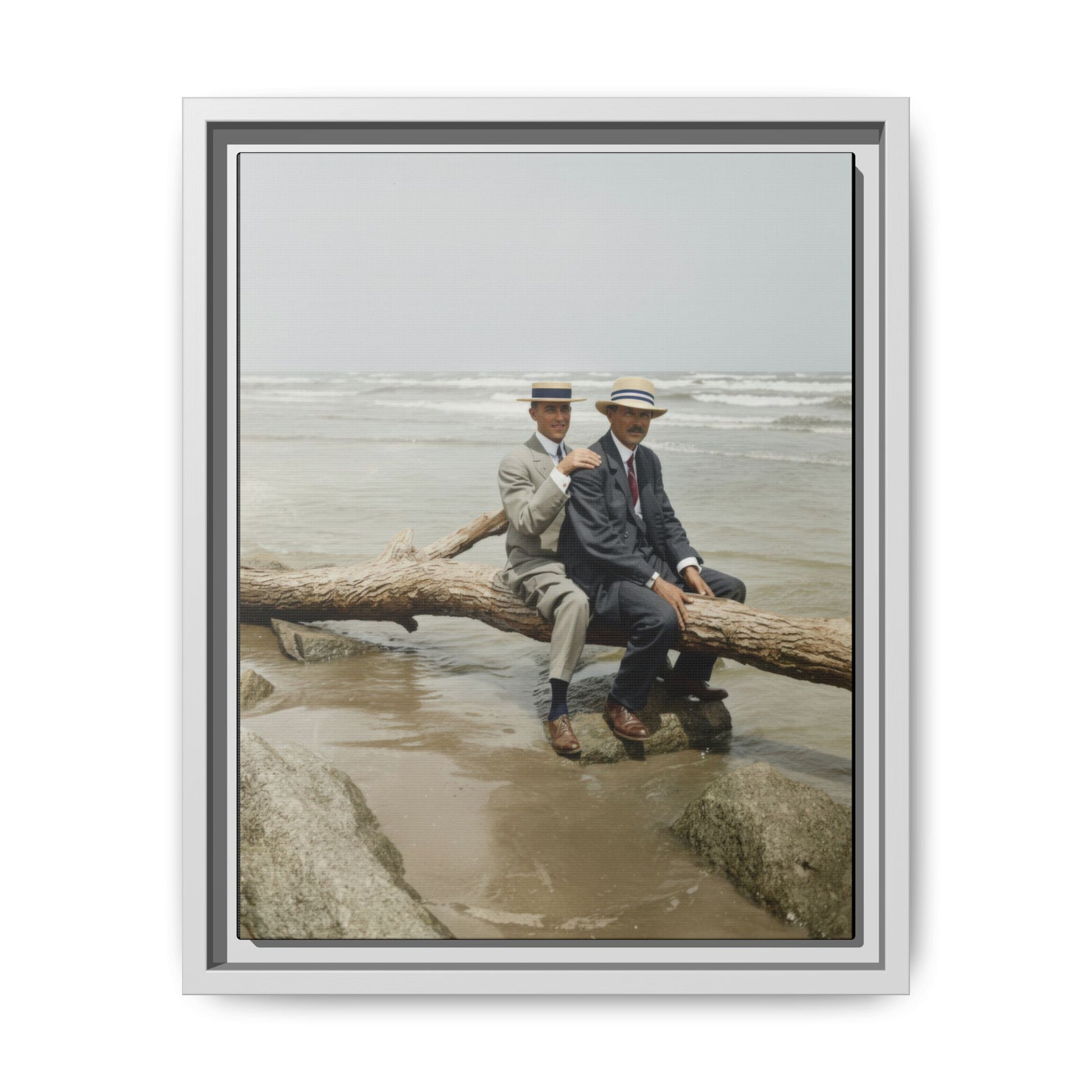 Historic seaside double portrait reproduced as framed canvas wall art