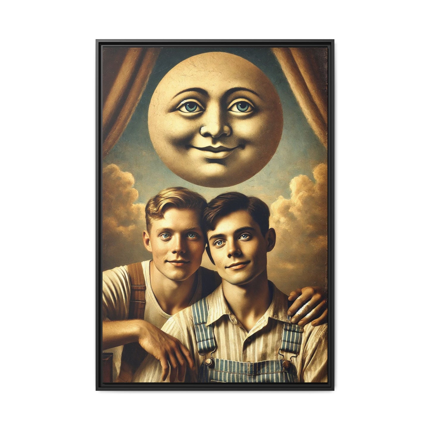 Framed matte canvas portrait featuring two young men in vintage overalls with a crescent moon prop above them. This artwork from the Missing Art Studies series reclaims LGBTQ+ imagery that may have been lost to bias, presenting warmth, intimacy, and presence.