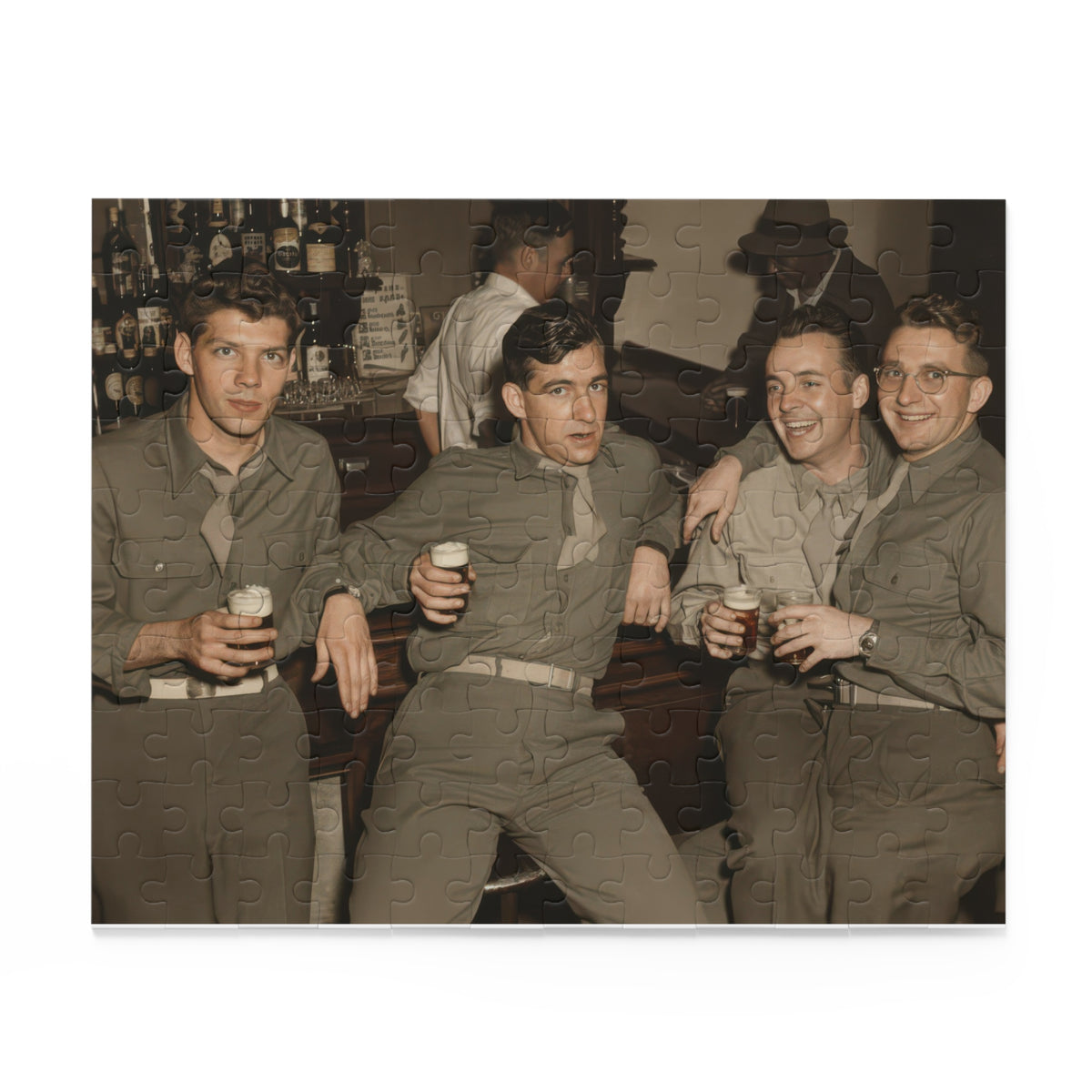 Source artwork for a jigsaw puzzle showing four men in military-style shirts holding drinks at a bottle-lined bar, with two smiling men at right