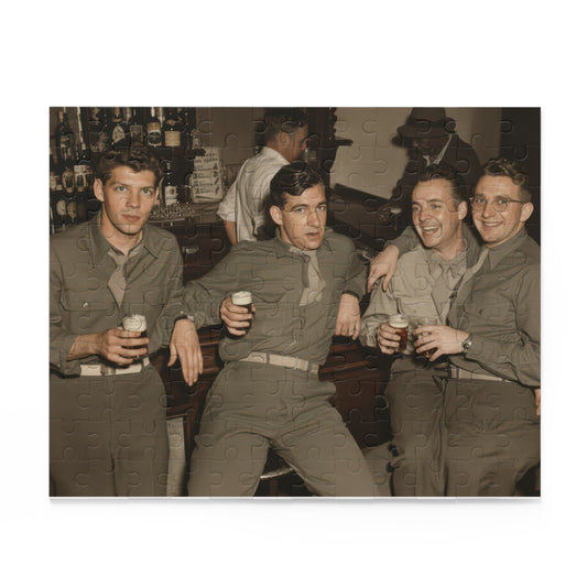 Source artwork for a jigsaw puzzle showing four men in military-style shirts holding drinks at a bottle-lined bar, with two smiling men at right