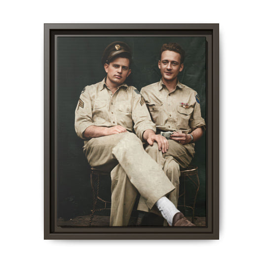 Mid 20th century service photograph framed canvas wall art with cap and uniform insignia