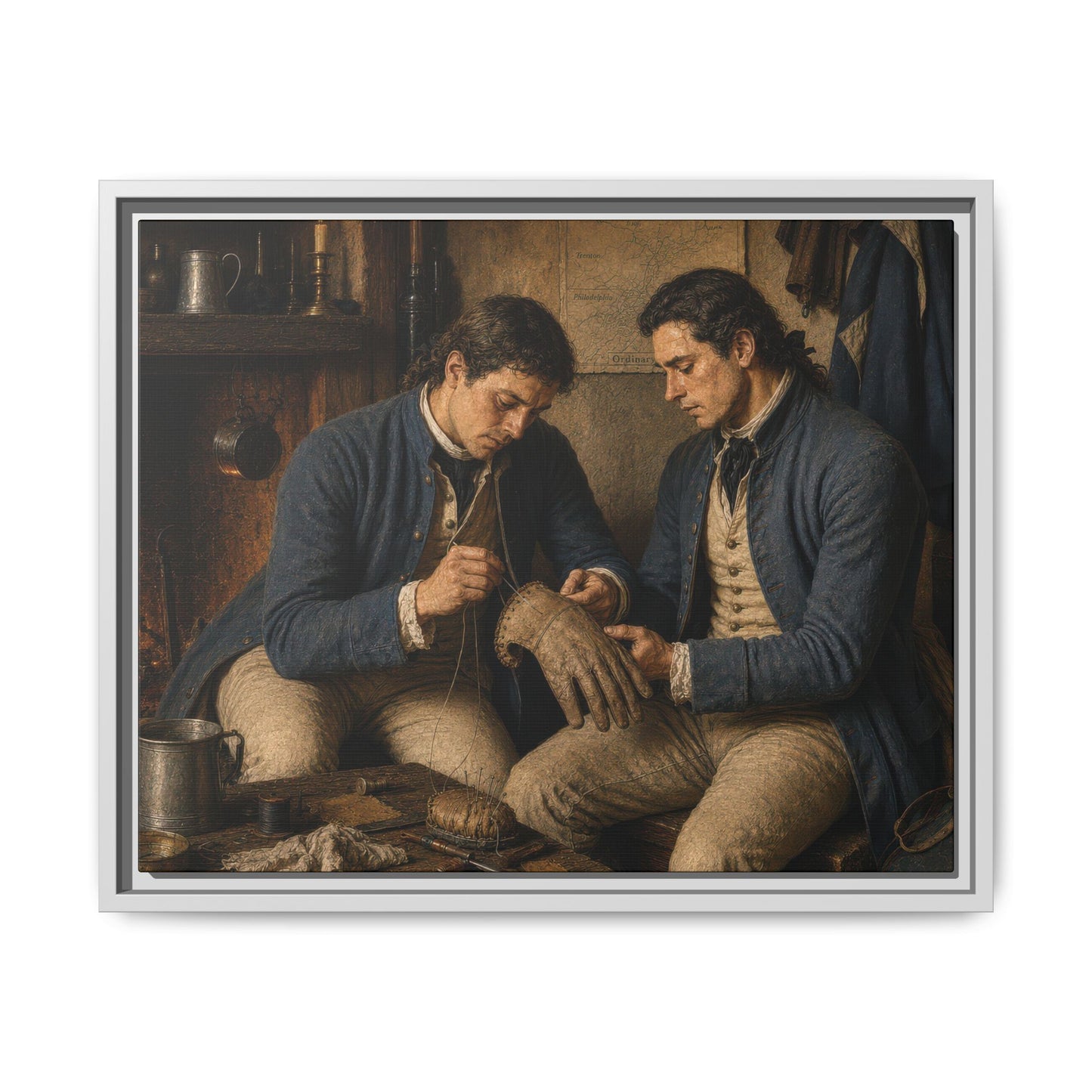 Historically inspired framed canvas depicting Continental soldiers sewing a campaign glove by the fire during the American Revolution. 