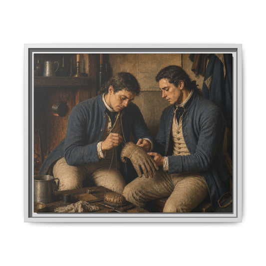 Historically inspired framed canvas depicting Continental soldiers sewing a campaign glove by the fire during the American Revolution. 