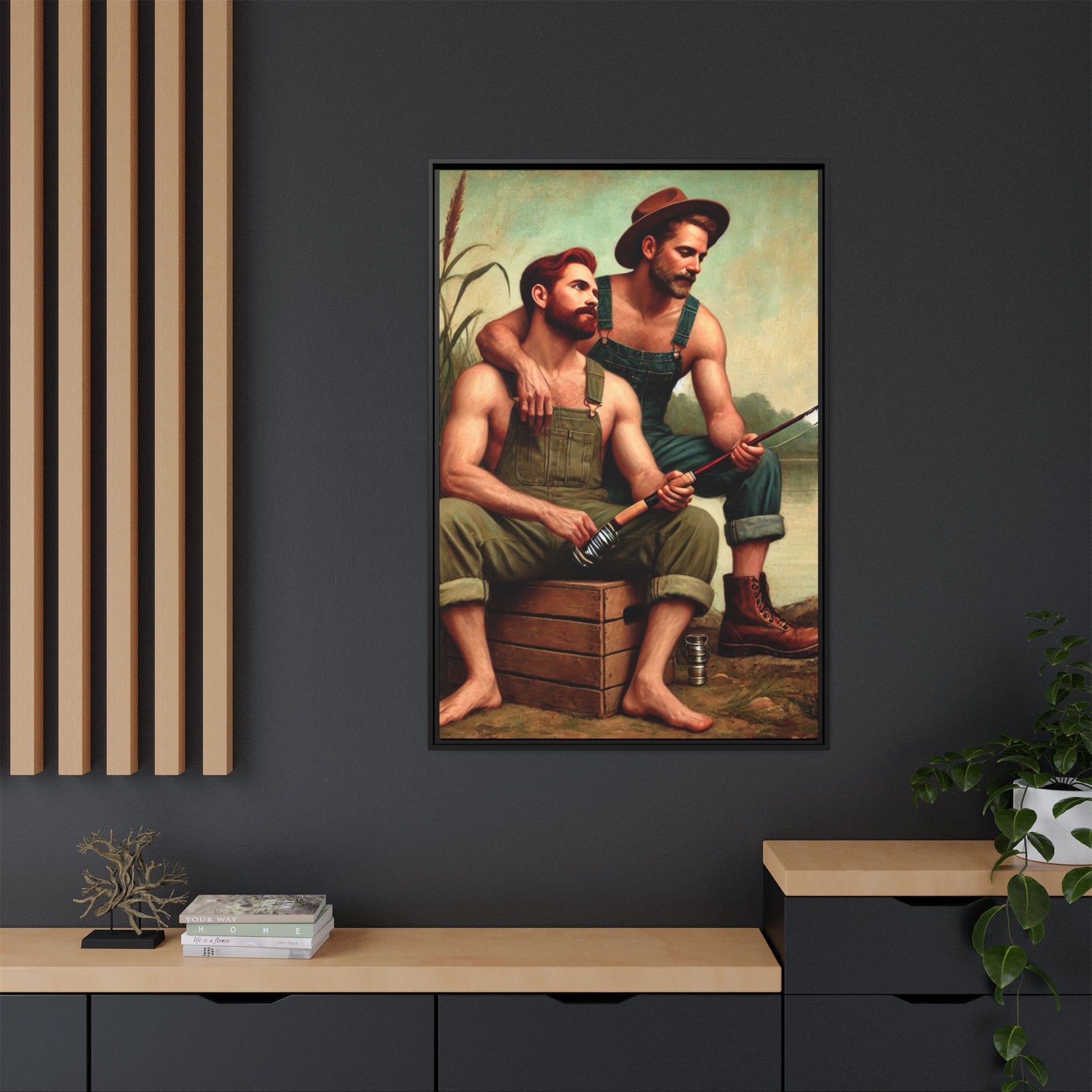 Vintage-style artwork of a gay couple fishing by a tranquil lake in the 1930s, celebrating love and nature.