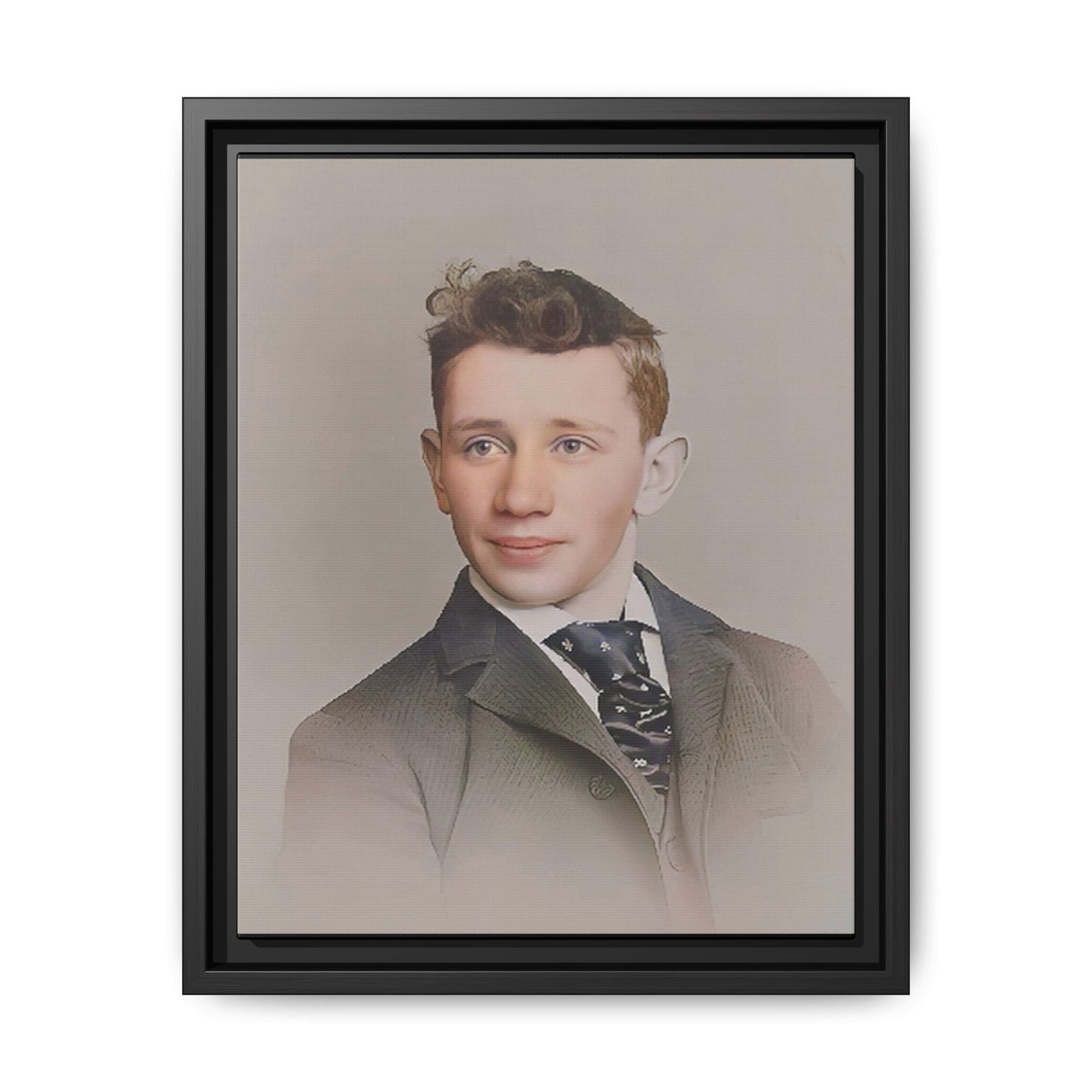 Restored vintage portrait of Leo from early 1900s Milwaukee, Wisconsin, featuring refined elegance and a patterned cravat. Framed matte canvas print celebrating timeless style and individuality.