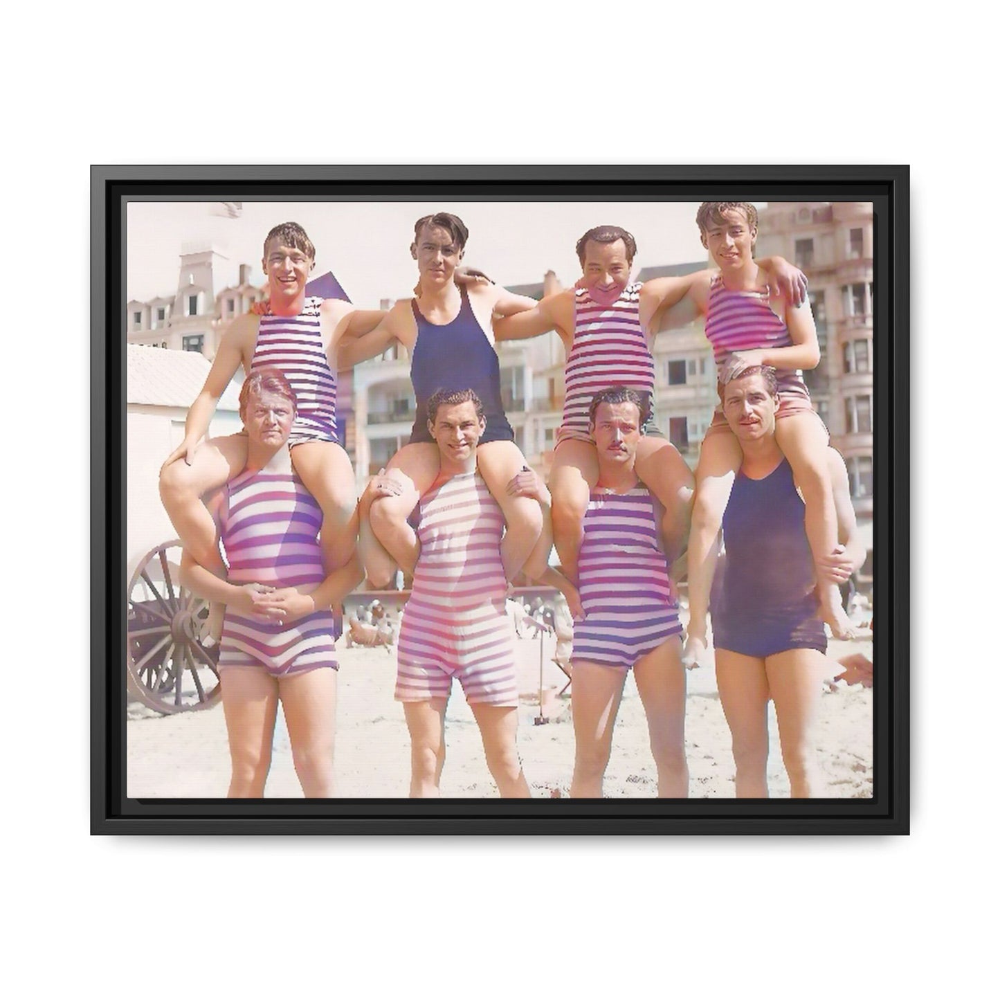 Restored vintage photo of a Bachelor Party in Corpus Christi TX, featuring men in striped swimwear forming human towers, framed canvas art.