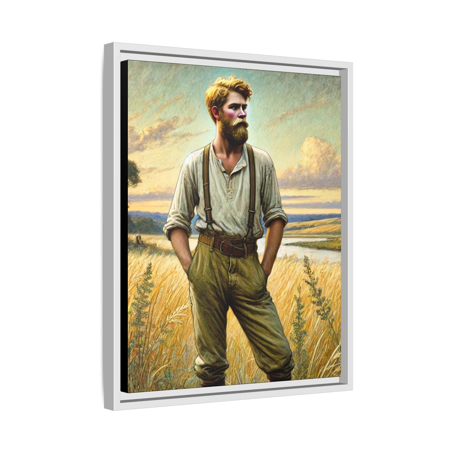 Framed artwork of a confident farmer in 19th-century attire, standing in a golden wheat field, inspired by Walt Whitman’s Song of Myself in Leaves of Grass.