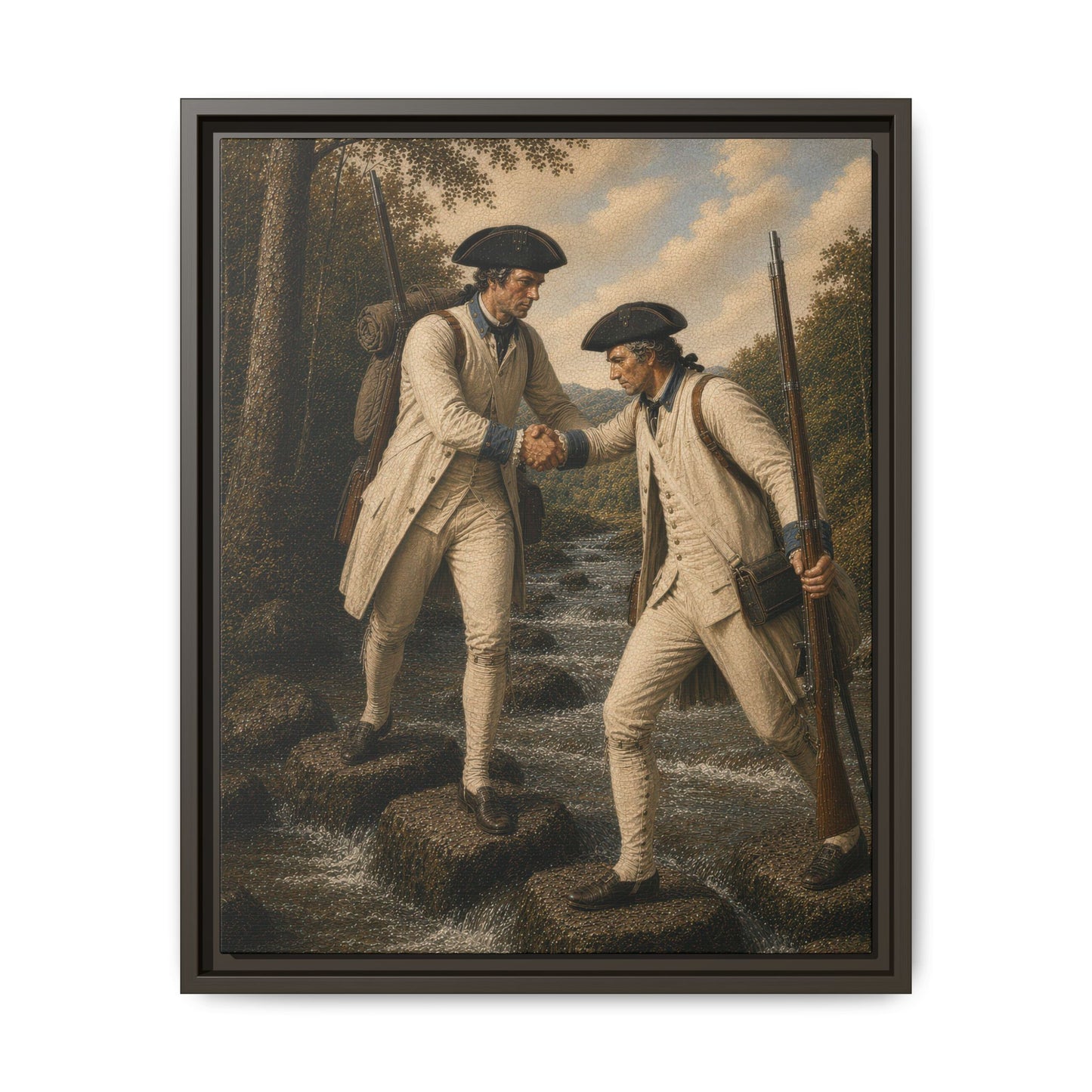 Historical Revolutionary War artwork showing two uniformed French infantrymen crossing stepping stones with muskets and campaign equipment.