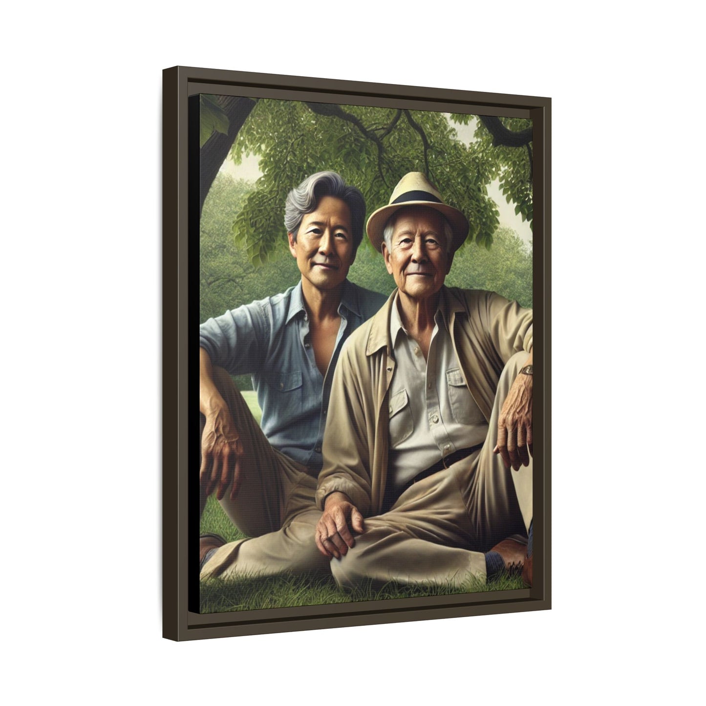 Hyper-realistic painting of an elderly Asian-American gay couple in 1930s attire under a leafy tree, celebrating love and resilience.