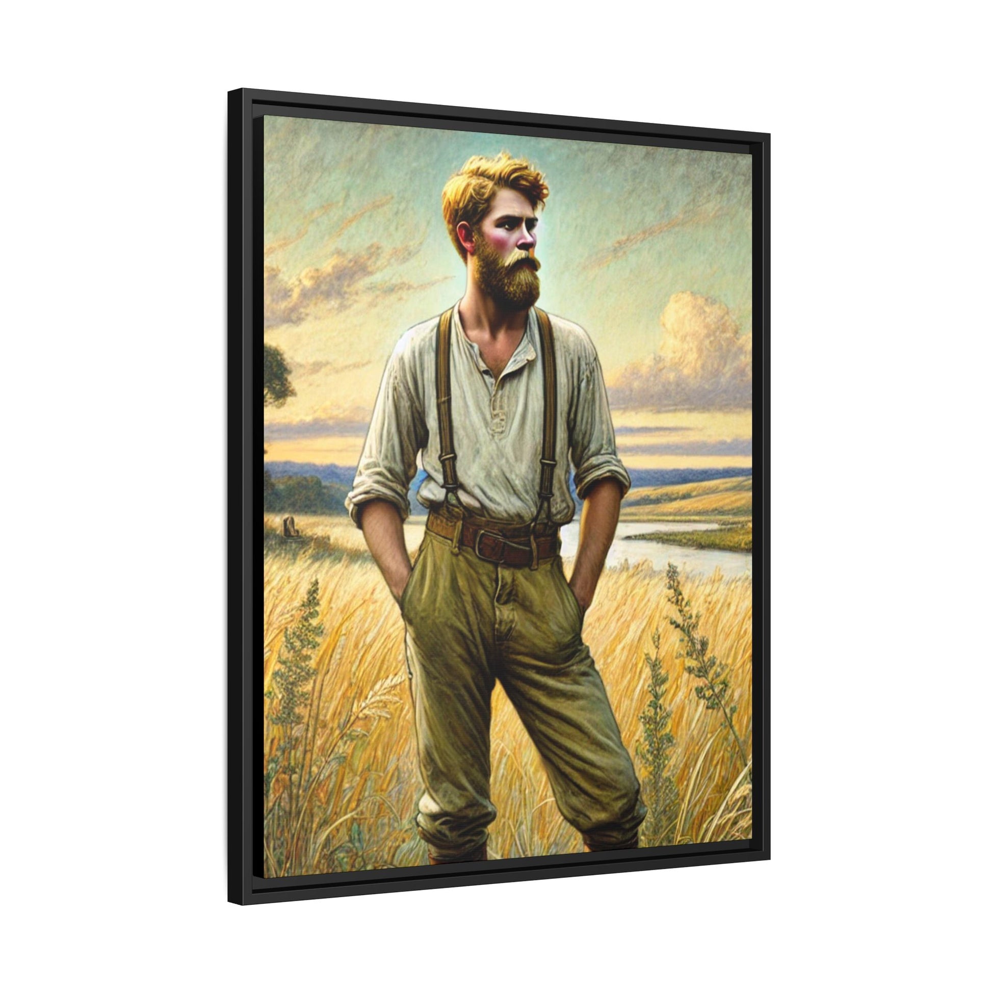 Framed artwork of a confident farmer in 19th-century attire, standing in a golden wheat field, inspired by Walt Whitman’s Song of Myself in Leaves of Grass.