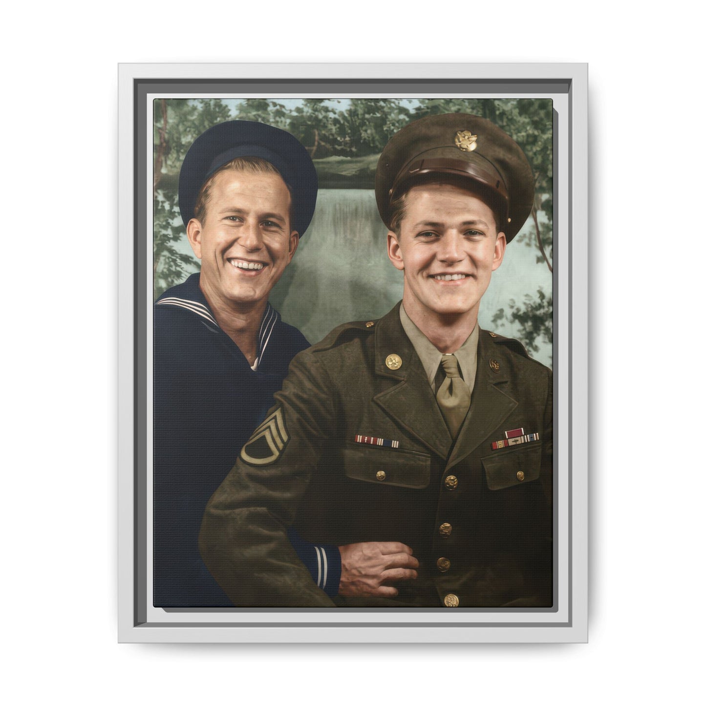 Classic vintage portrait canvas with scenic painted background neutral wall decor