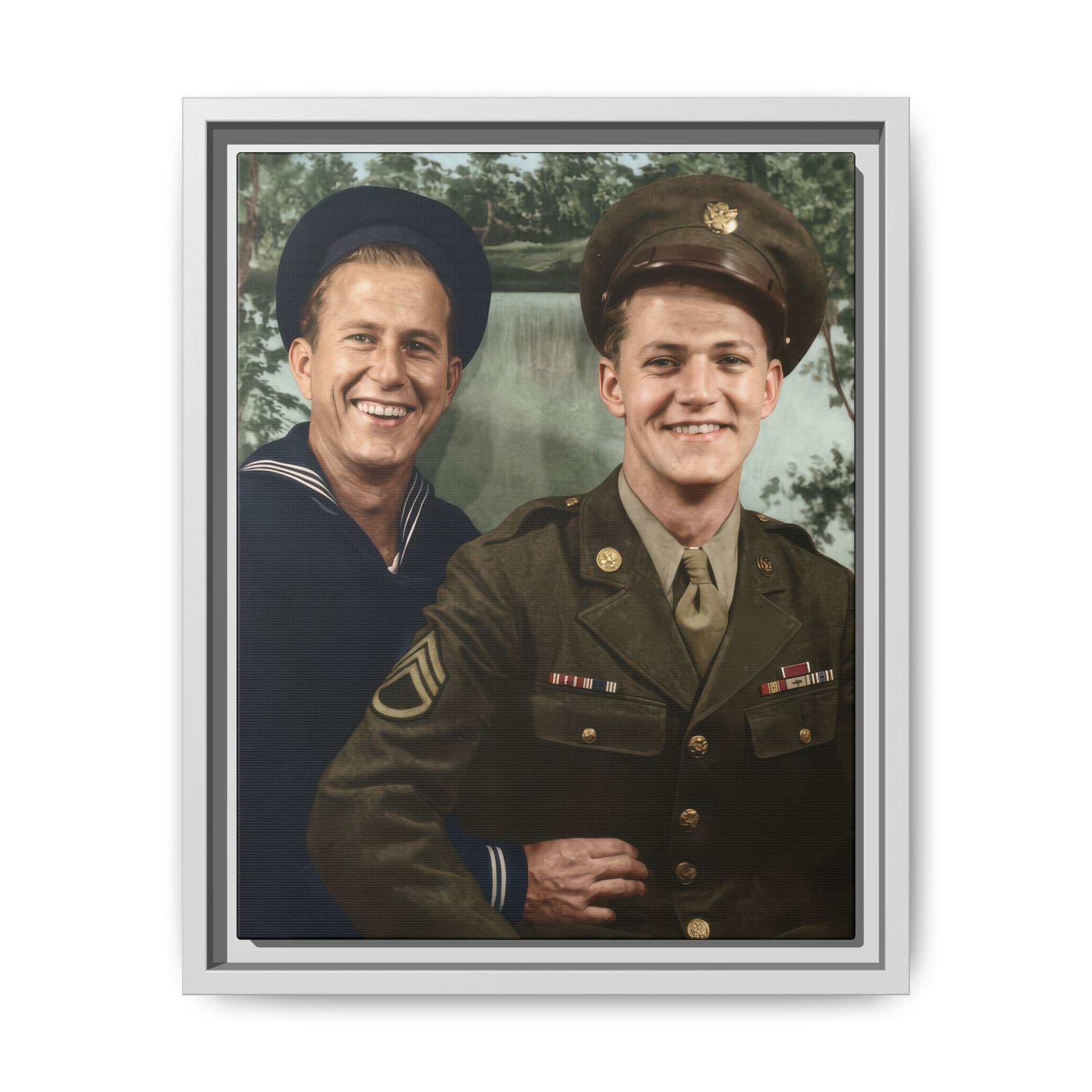 Classic vintage portrait canvas with scenic painted background neutral wall decor