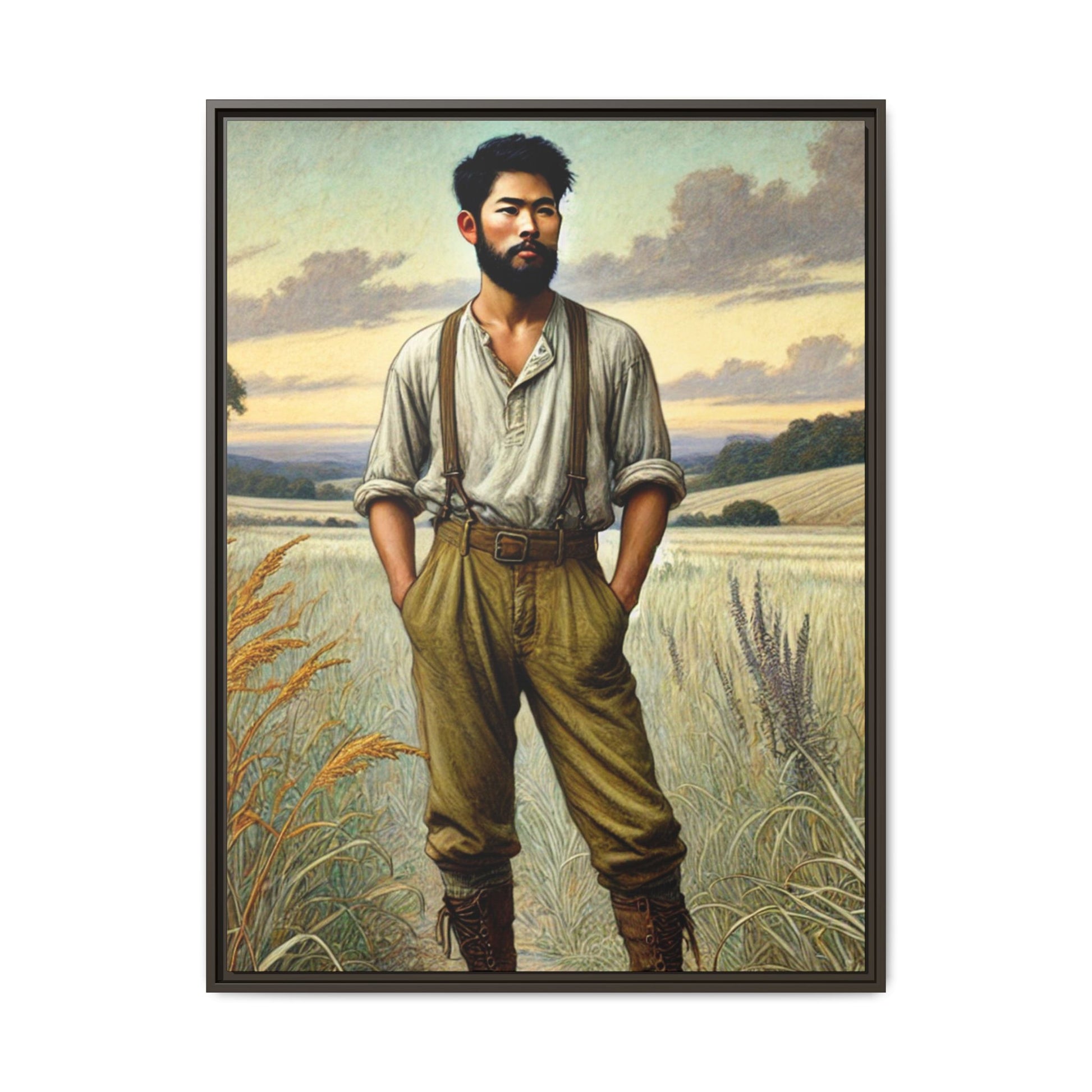 Framed artwork of an Asian-American farmer in 19th-century attire, inspired by Walt Whitman’s Leaves of Grass and Song of Myself, set against a serene rural backdrop of golden wheat fields and rolling hills.