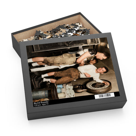 Jigsaw puzzle featuring two football players beside a mechanical platform scale in an equipment room with wire-mesh storage.