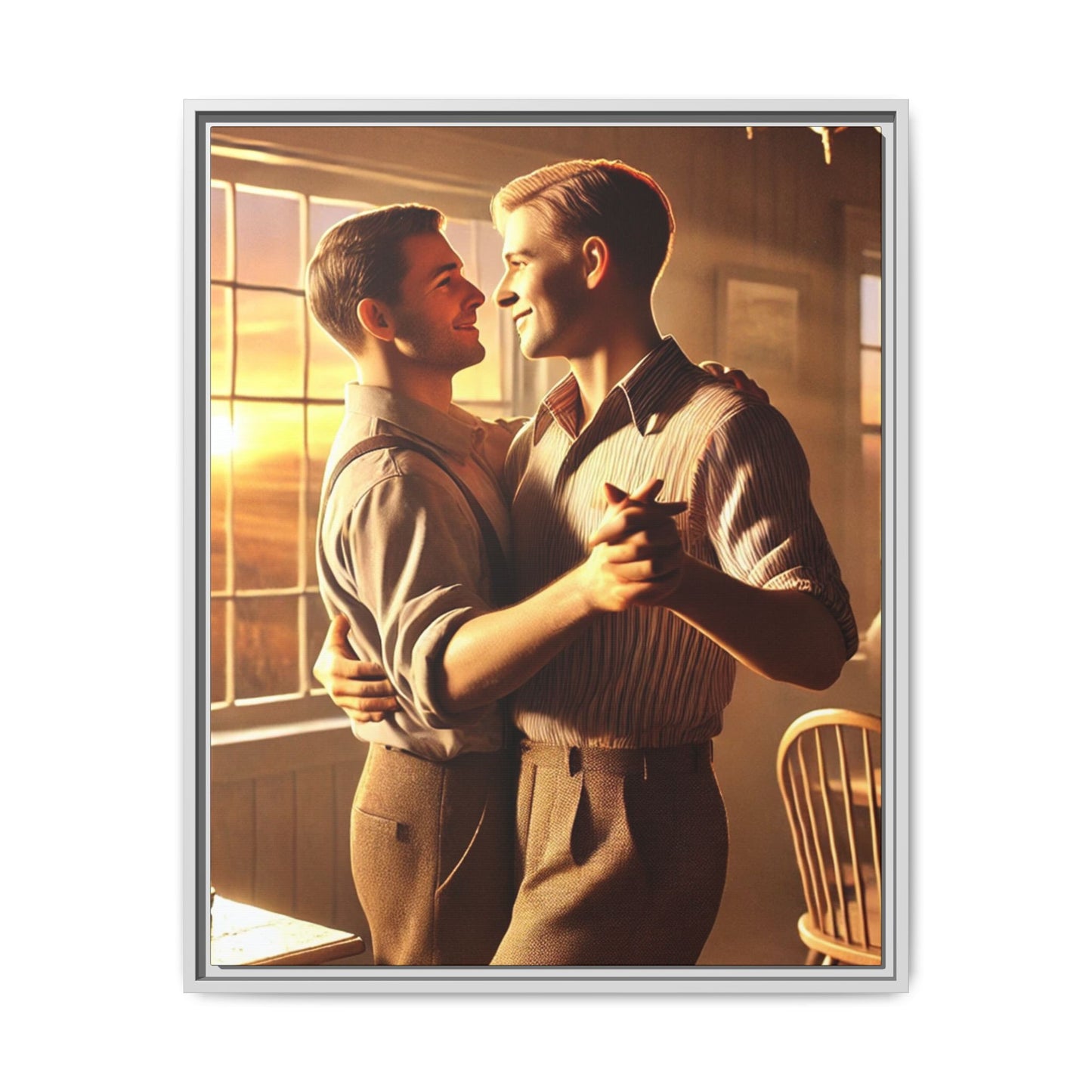 Art of a gay couple dancing in a sunlit dining room, inspired by Grant Wood’s Americana style and celebrating love.