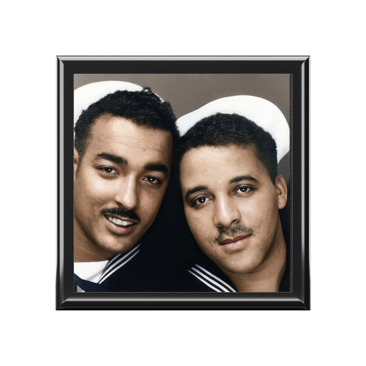  closed-box view: Closed glossy wooden keepsake box with a ceramic tile lid showing two Black African American sailors in a vintage photobooth portrait.