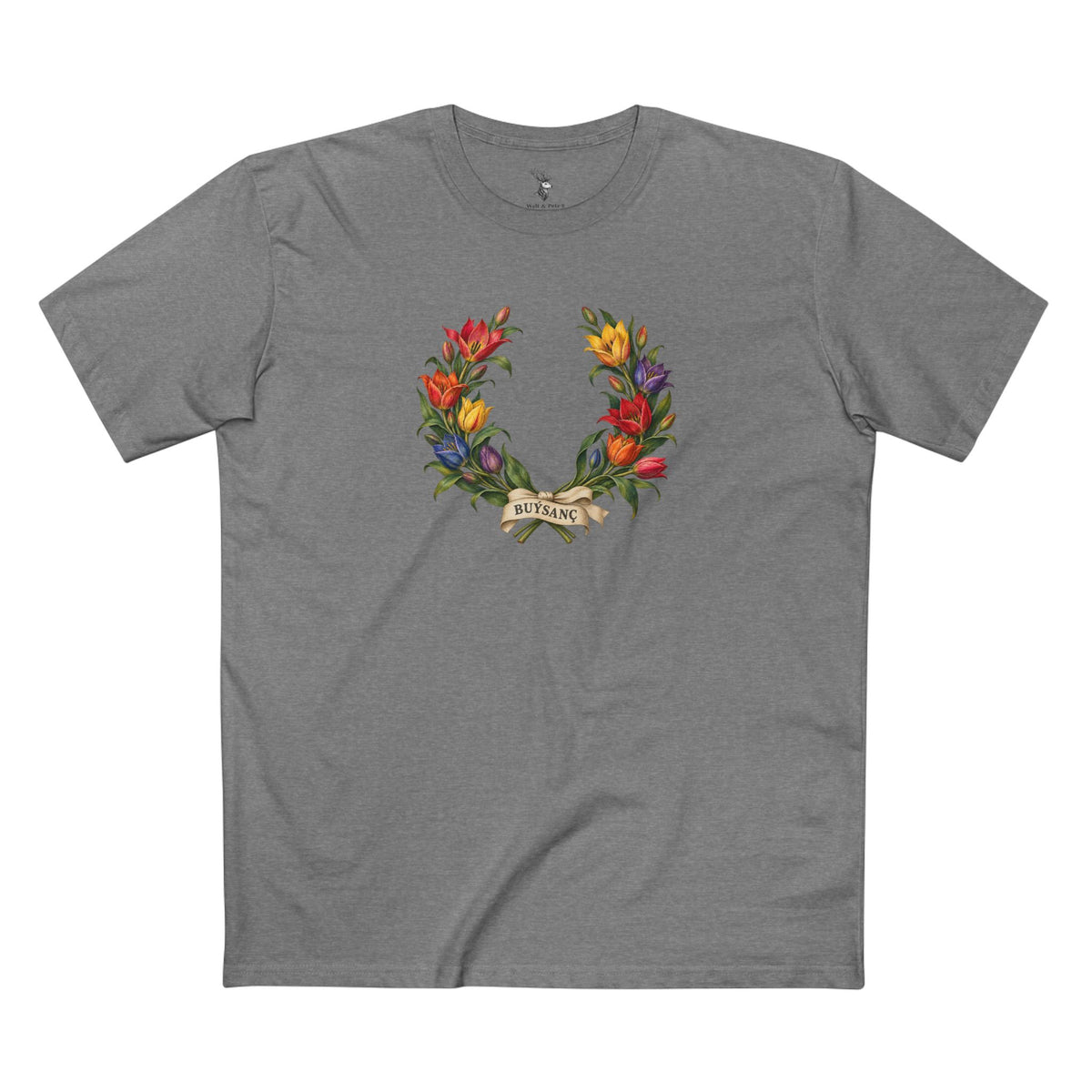 Turkmen Wild Tulip Buýsanç Pride Laurel Wreath T-Shirt — Unfolding Strength
