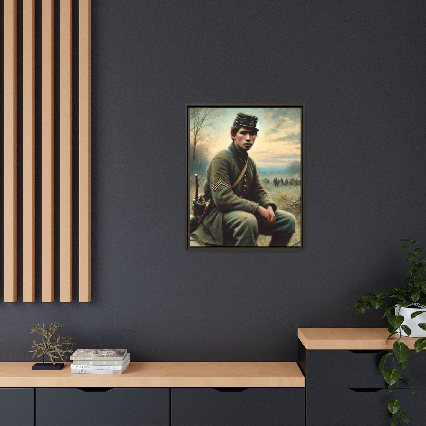 Framed artwork of a Civil War Union soldier inspired by Walt Whitman’s Leaves of Grass and Drum-Taps, depicting themes of sacrifice, strength, and vulnerability amidst a 19th-century battlefield.