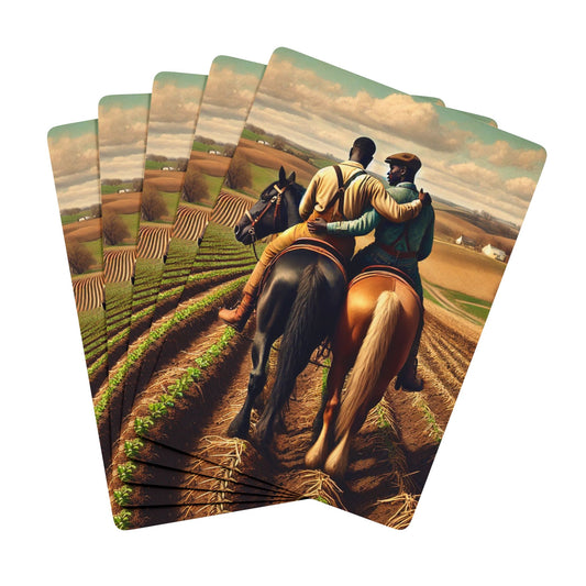 Vintage-style poker deck featuring two Black farmers riding horseback in a golden field, embracing in quiet love. Black Love
