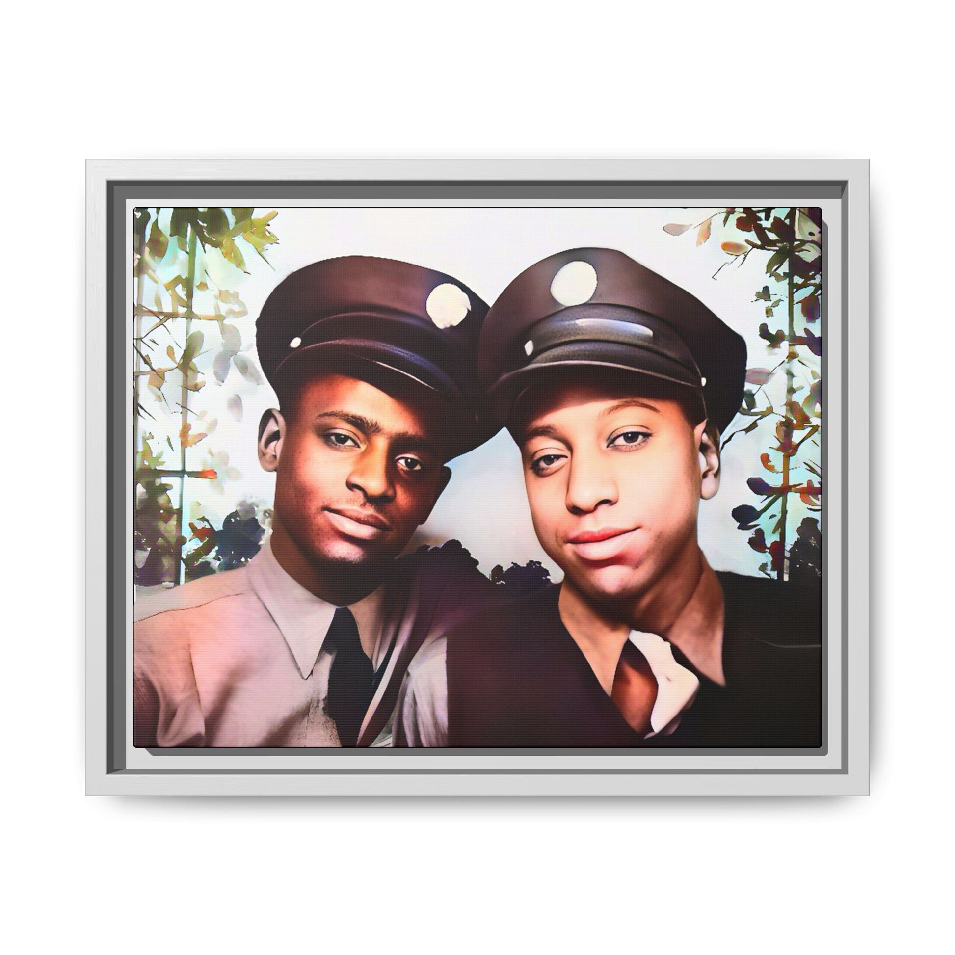 Restored vintage photo of Deion & Marcus, an African-American couple in uniforms, Lexington KY, framed canvas art