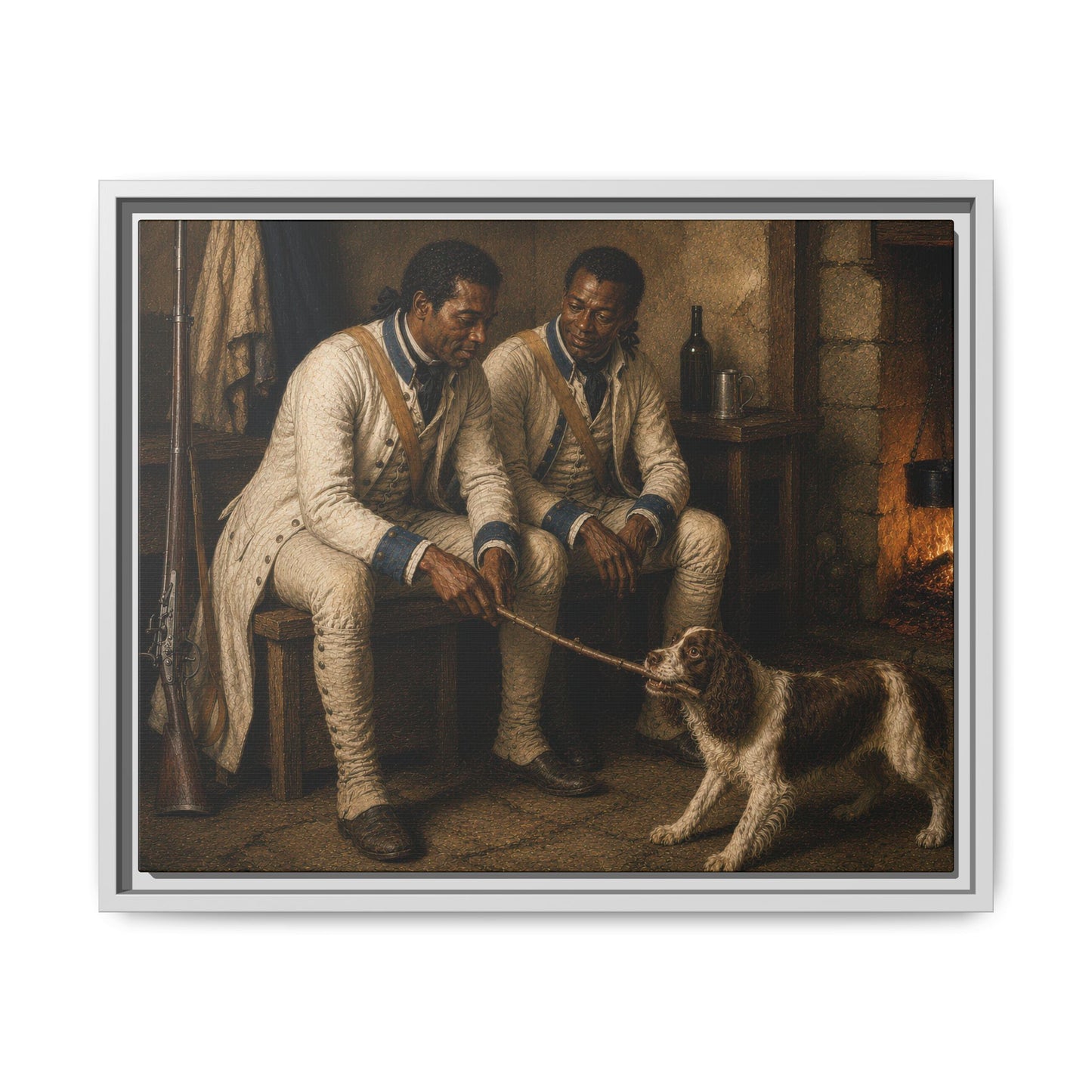Museum-inspired Revolutionary War canvas depicting two African American soldiers entertaining a spaniel indoors.