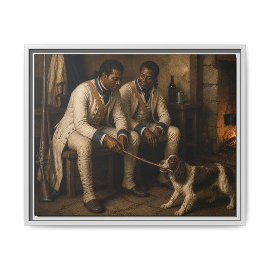 Museum-inspired Revolutionary War canvas depicting two African American soldiers entertaining a spaniel indoors.