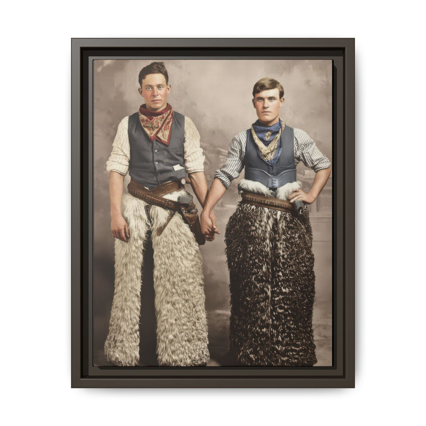 Early 20th century studio photo with Western attire, patterned scarves, and decorative belts