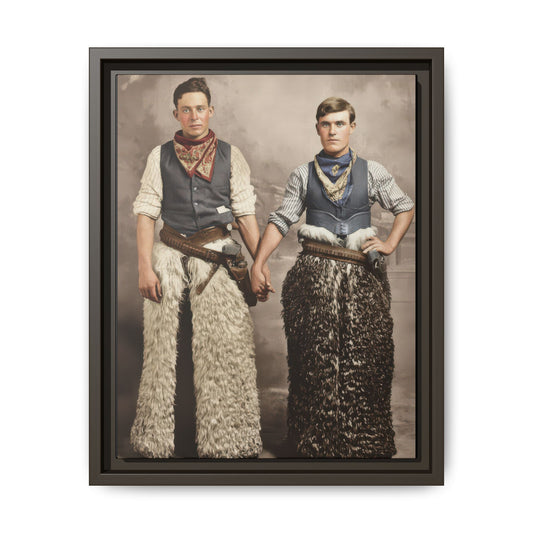 Early 20th century studio photo with Western attire, patterned scarves, and decorative belts