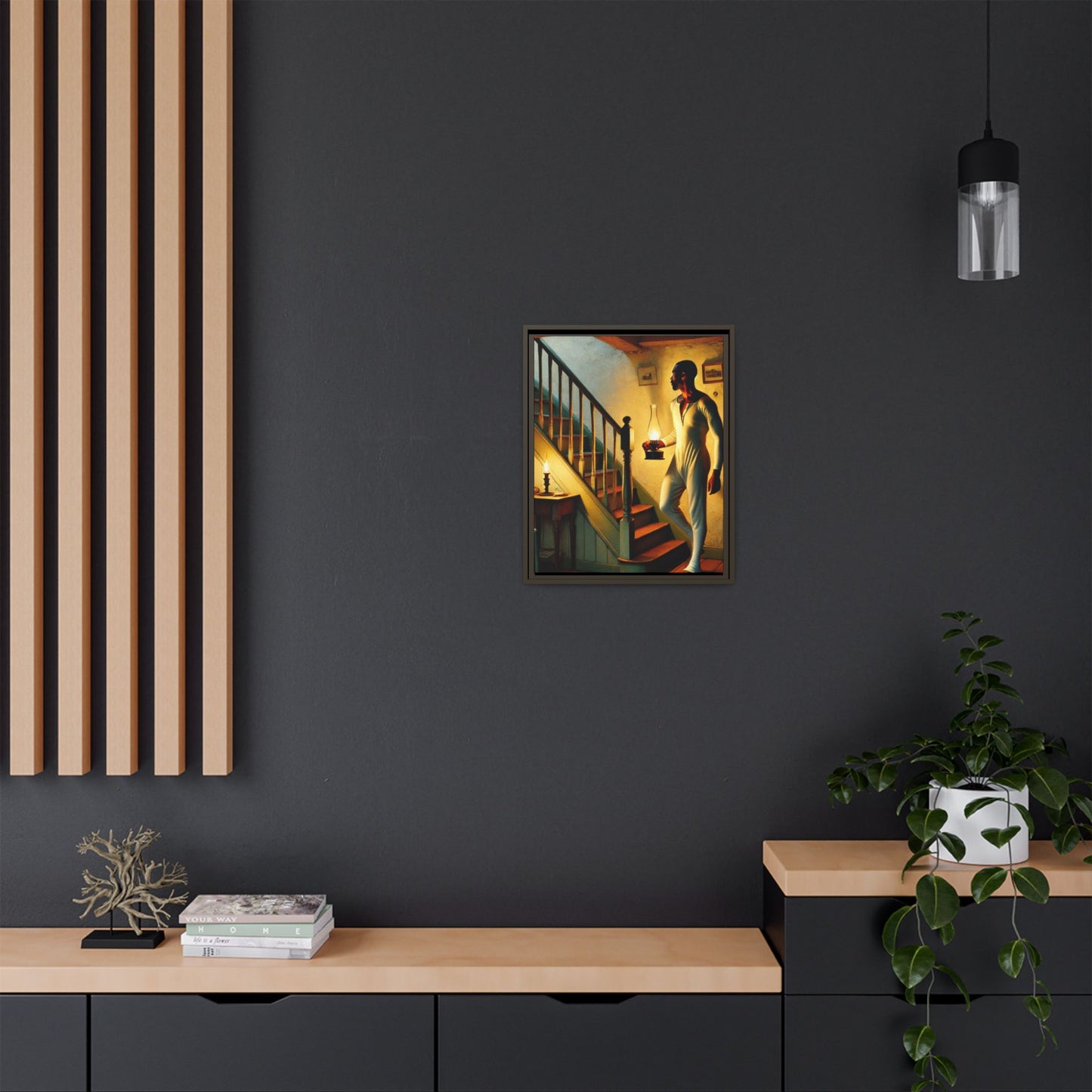 Framed artwork of an African-American man holding a lantern on a staircase, inspired by Grant Wood's style.