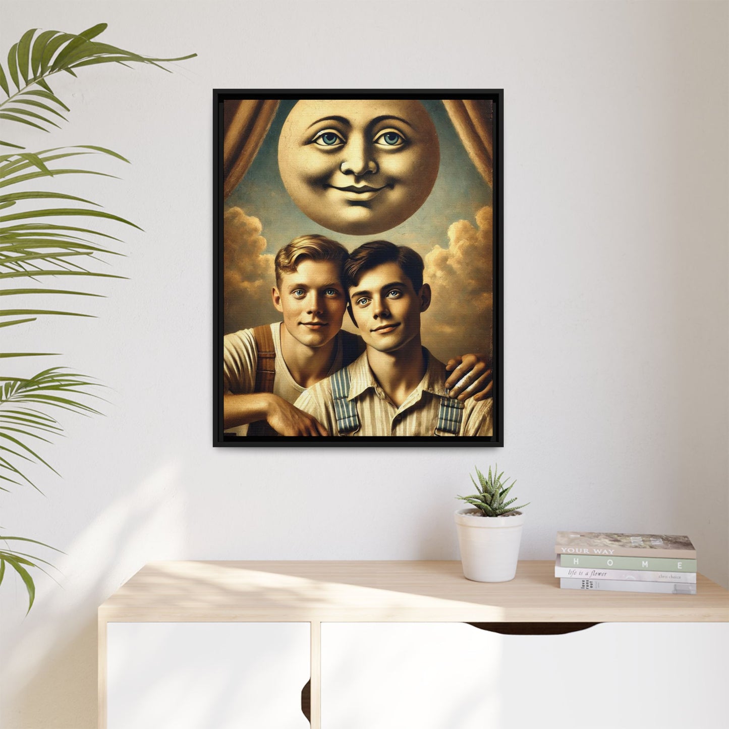 Framed matte canvas portrait featuring two young men in vintage overalls with a crescent moon prop above them. This artwork from the Missing Art Studies series reclaims LGBTQ+ imagery that may have been lost to bias, presenting warmth, intimacy, and presence.