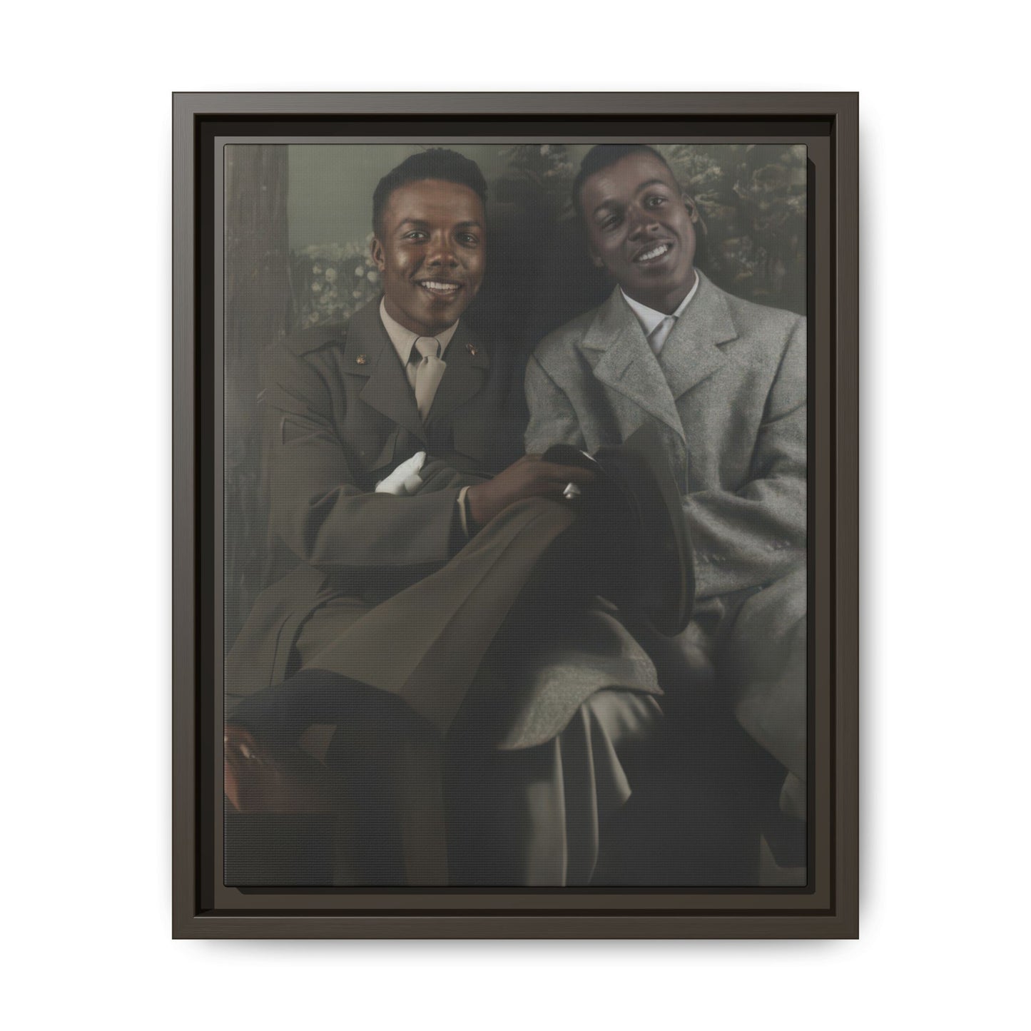 Historical double portrait showing one man in military dress and one man in a tailored coat before a painted backdrop
