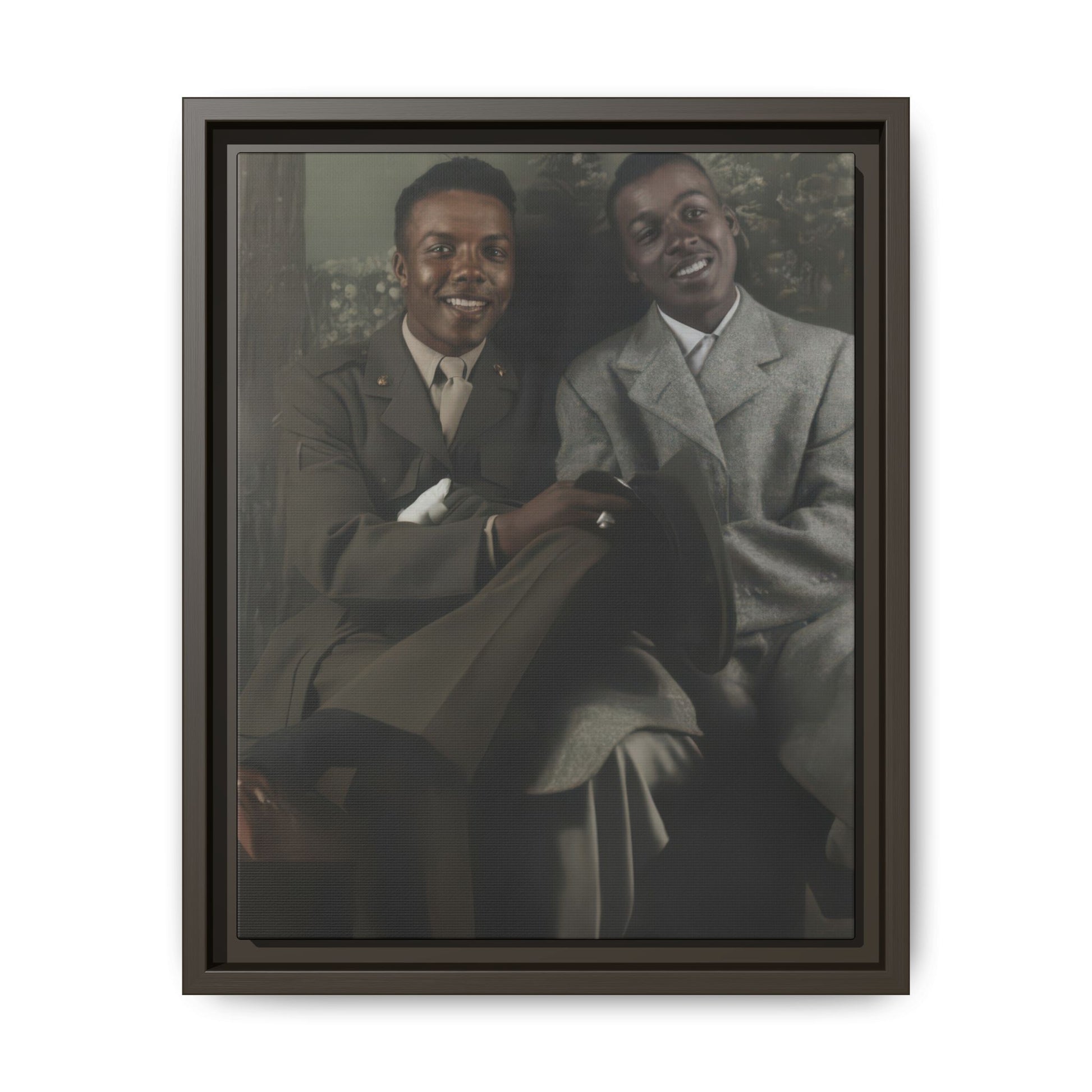Historical double portrait showing one man in military dress and one man in a tailored coat before a painted backdrop