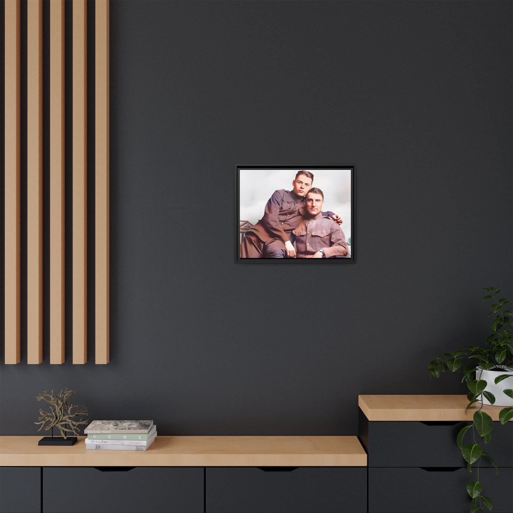 A restored WWII-era portrait of Charlie & Gordon at Debach Airfield, UK. This framed matte canvas captures military camaraderie, resilience, and historical connection, making it a timeless tribute for vintage and aviation collectors. Gay Couple