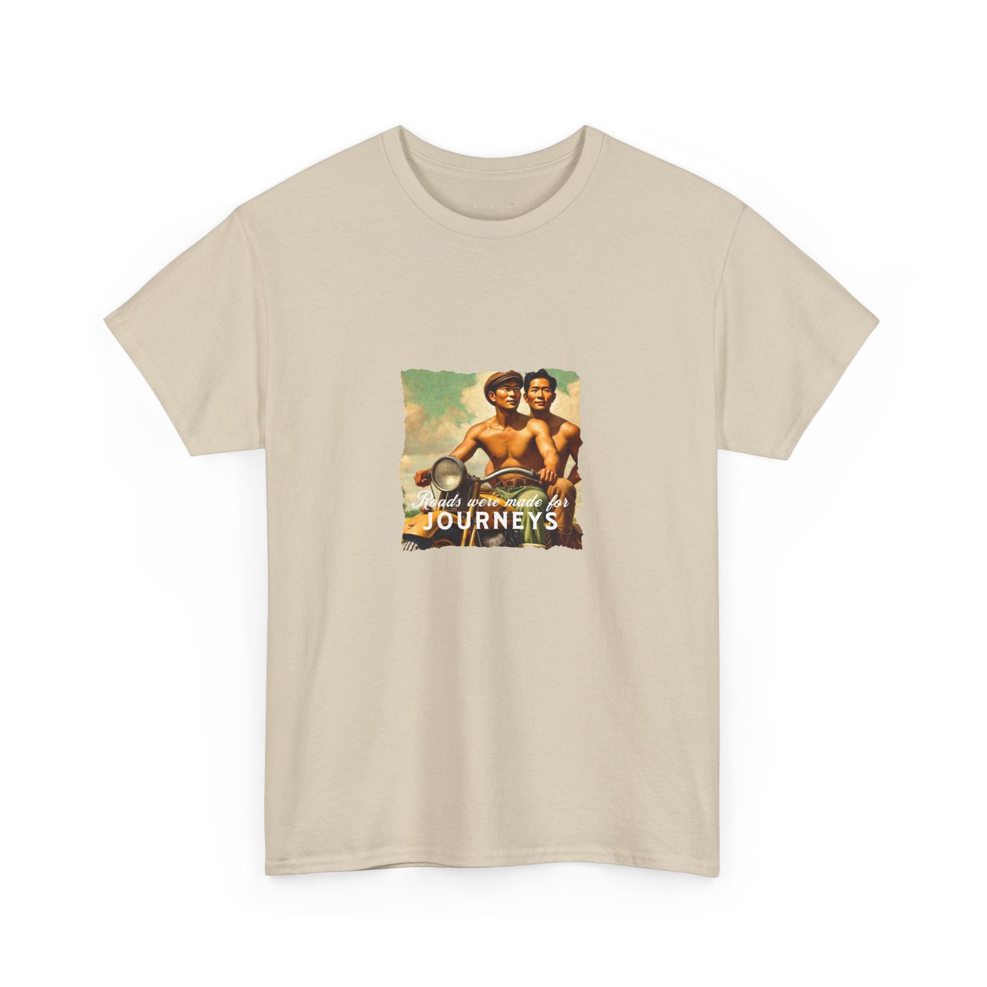 Vintage Grant Wood inspired t-shirt featuring a 1930s gay Asian-American couple with a motorcycle, celebrating love, history, and freedom