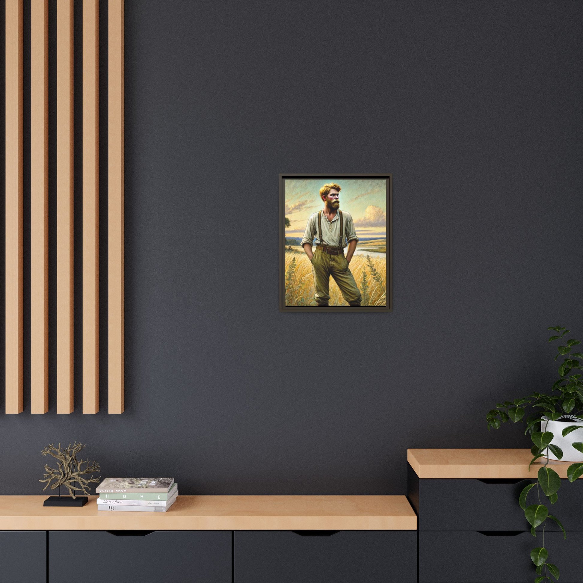 Framed artwork of a confident farmer in 19th-century attire, standing in a golden wheat field, inspired by Walt Whitman’s Song of Myself in Leaves of Grass.