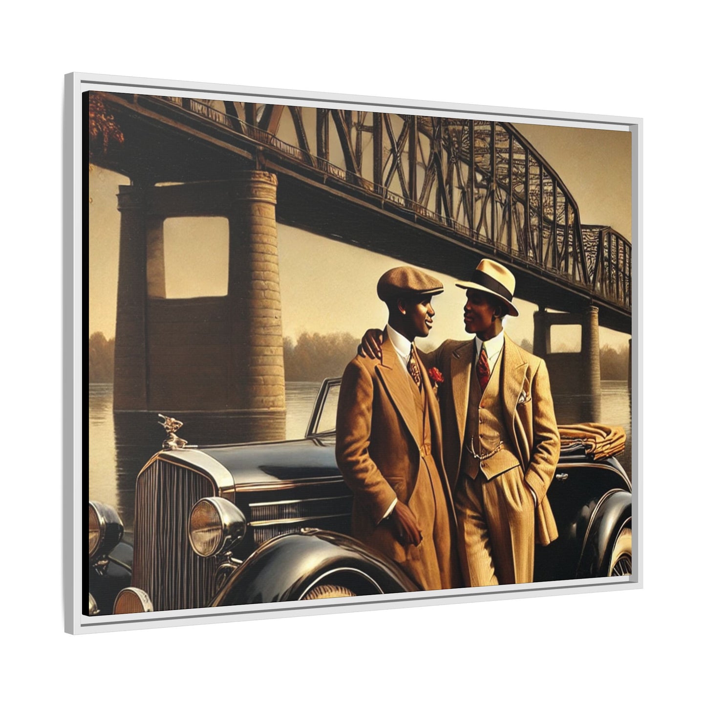 Vintage-style artwork of an African-American gay couple in the 1930s with a Packard car by the Mississippi River, celebrating love and inclusivity.