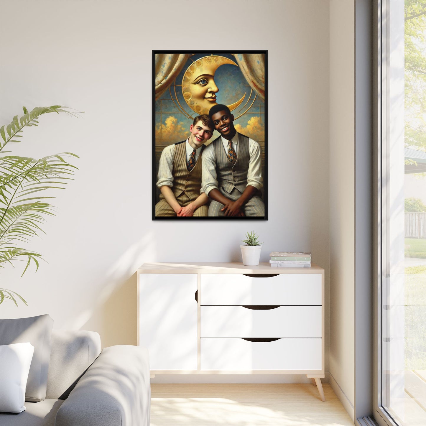 A vintage-style artwork showing a young interracial gay couple in 1920s attire sitting beneath a golden crescent moon with a serene expression. Their joyful closeness reclaims erased queer history and reflects the beauty of interracial love through a lens of tenderness and celebration.