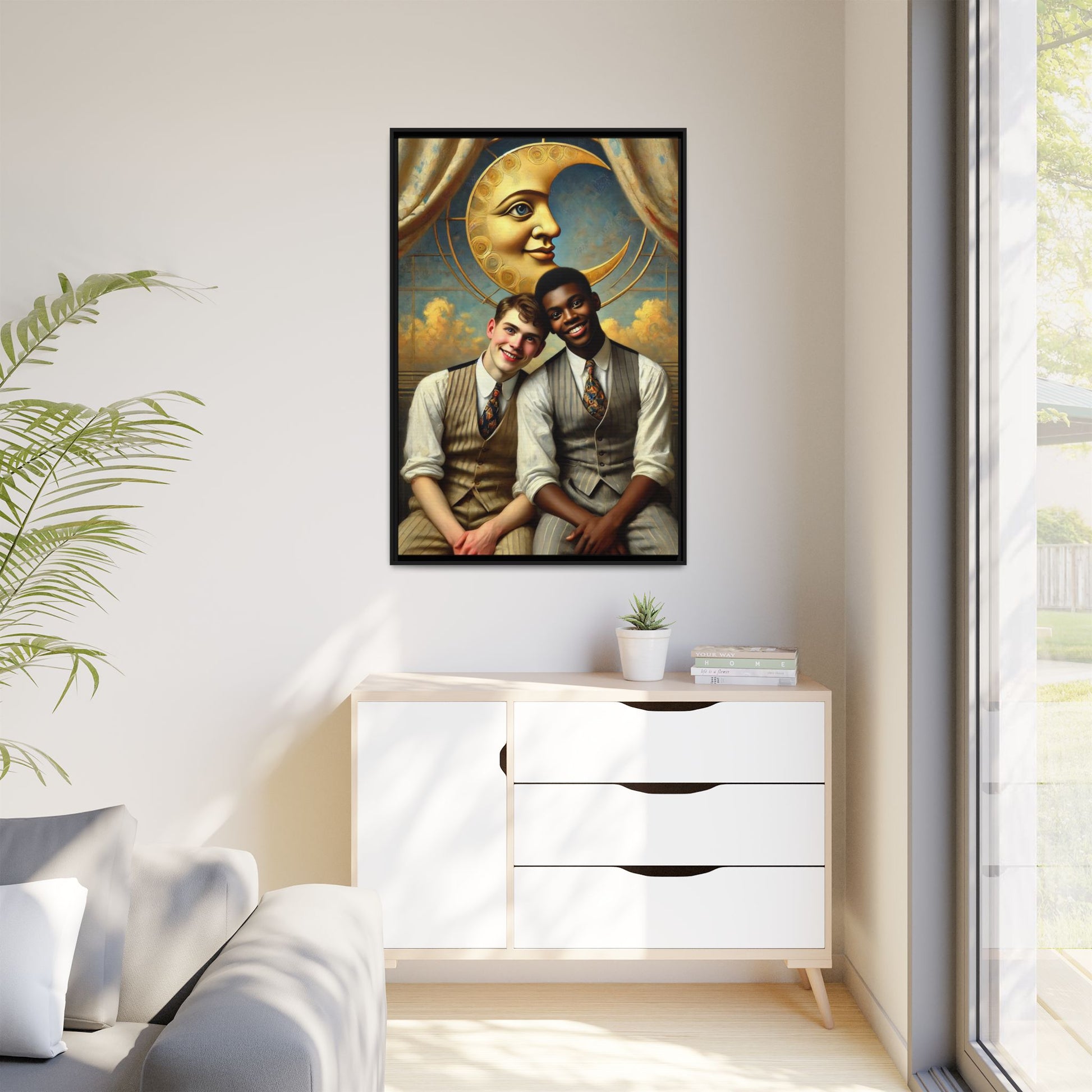 A vintage-style artwork showing a young interracial gay couple in 1920s attire sitting beneath a golden crescent moon with a serene expression. Their joyful closeness reclaims erased queer history and reflects the beauty of interracial love through a lens of tenderness and celebration.