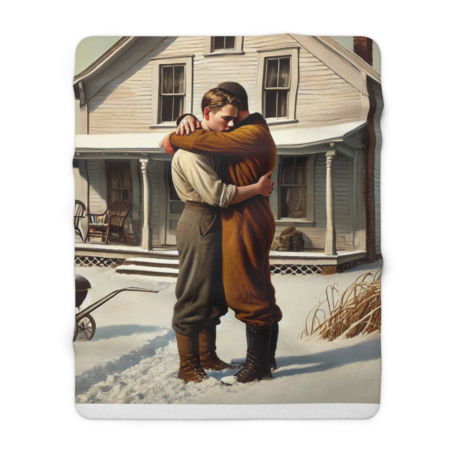 Cozy fleece throw blanket with romantic snowy farmhouse embrace artwork and Grant Wood inspired painterly tones 