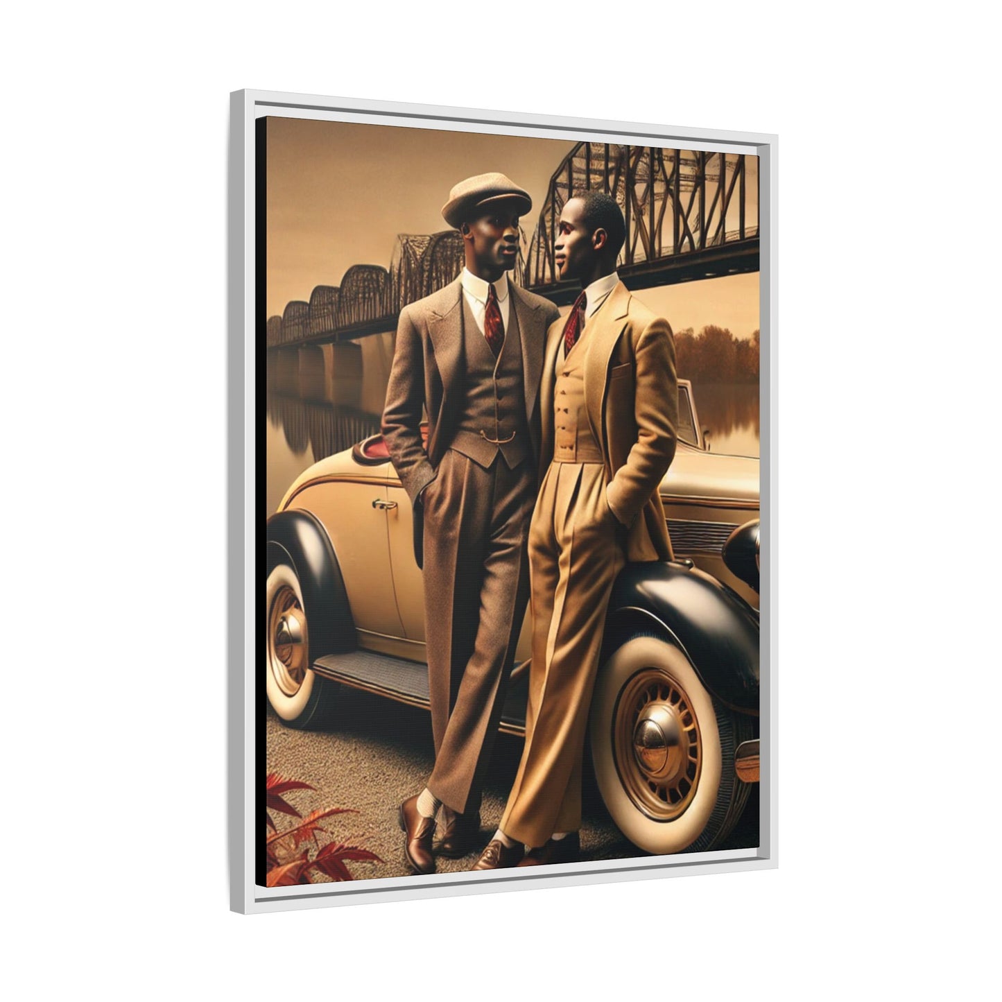 Vintage-style artwork of an African-American gay couple in the 1930s by the Mississippi River with a Packard car, celebrating love and resilience.