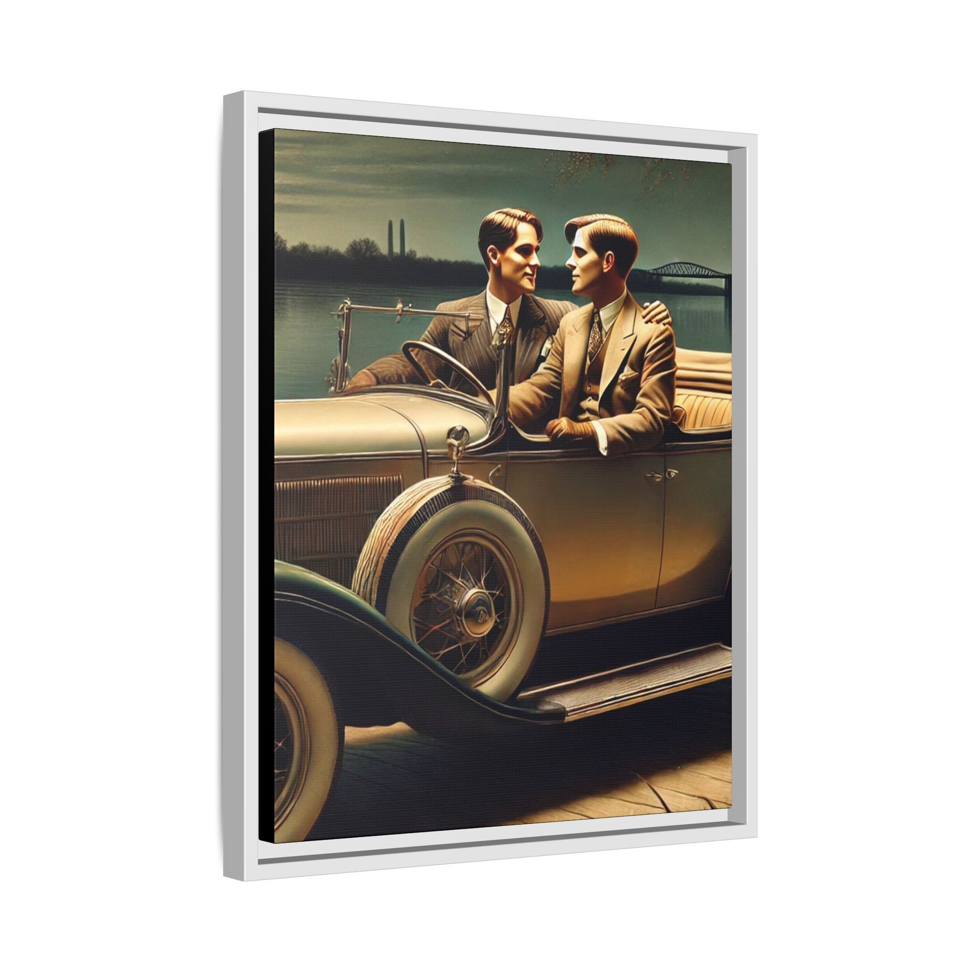 Vintage-style artwork of a gay couple in a 1930 Packard car by the Mississippi River under moonlight, celebrating love and history.