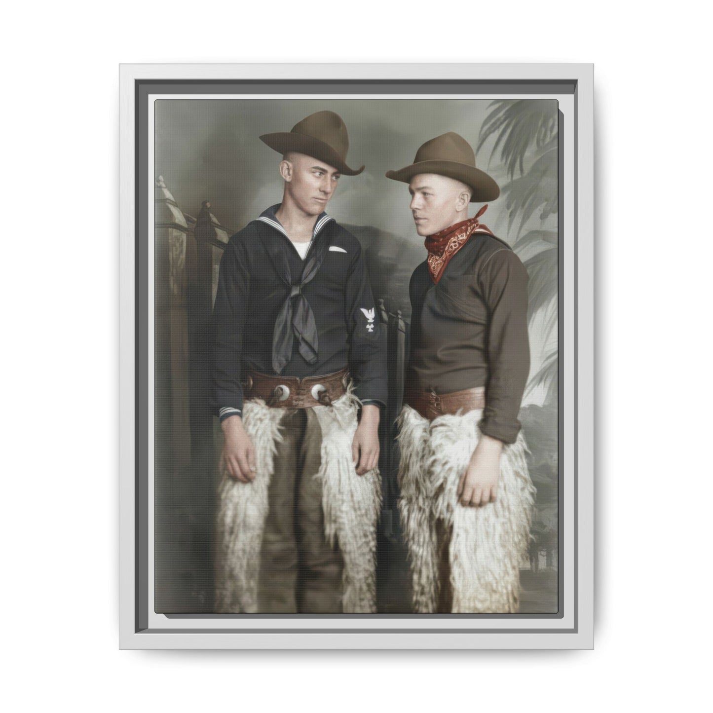 Early 20th century style standing double portrait with two figures in novelty western-inspired costume elements