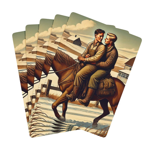 Vintage-inspired poker deck featuring two men on horseback, dressed in farmhand attire, sharing a quiet moment of love against a snow-covered countryside