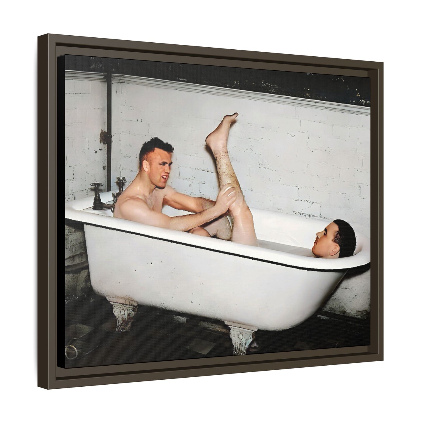 Restored vintage photo of Leon & Michael, a playful gay couple in a clawfoot bathtub, early 20th century, framed canvas.