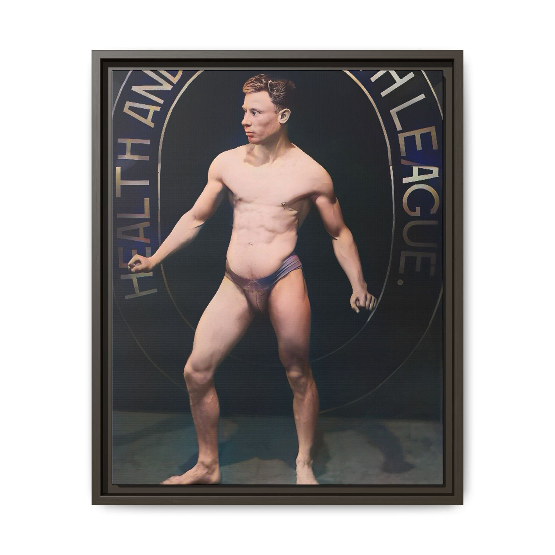 Restored vintage photo of Robert, a young bodybuilder from Manchester, UK, circa early 20th century, framed canvas.