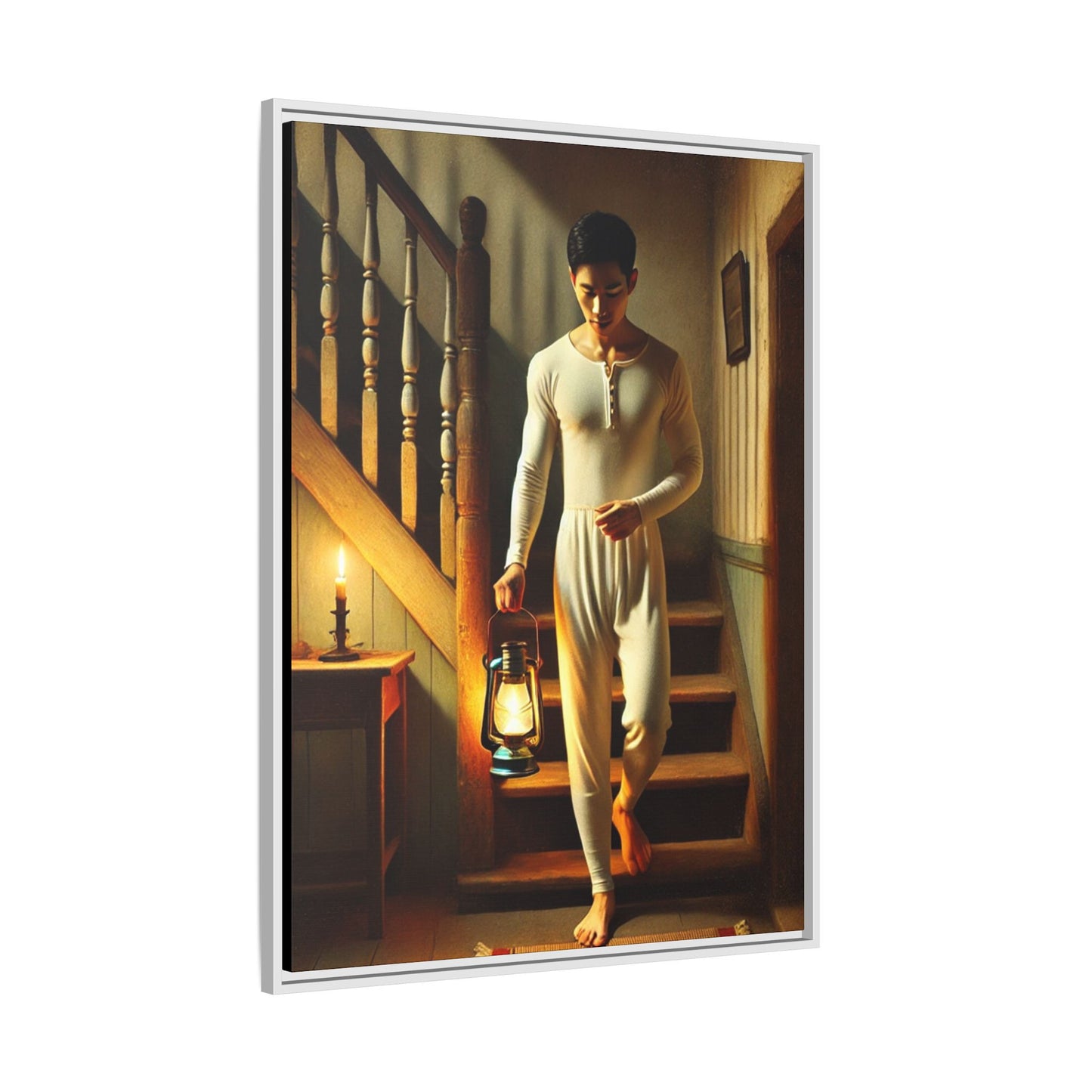 Framed artwork of an Asian-American man wearing long johns underwear holding a lantern on a staircase, inspired by Grant Wood’s style.