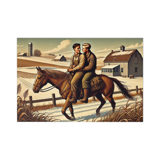 Romantic 1930s-style postcard set featuring a queer couple on horseback in a serene snowy Midwestern landscape.