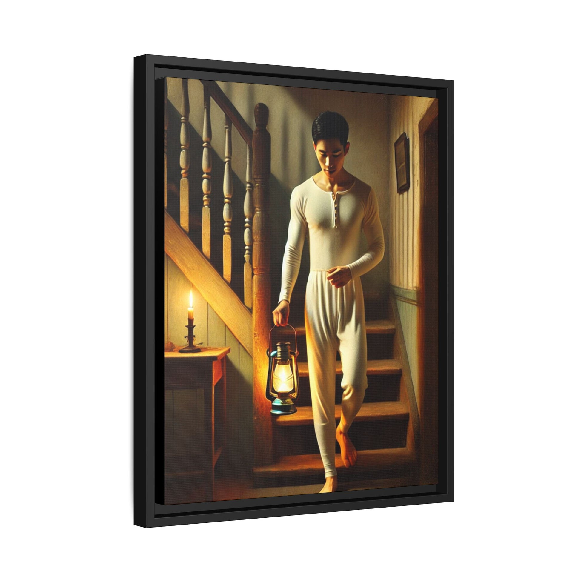 Framed artwork of an Asian-American man wearing long johns underwear holding a lantern on a staircase, inspired by Grant Wood’s style.