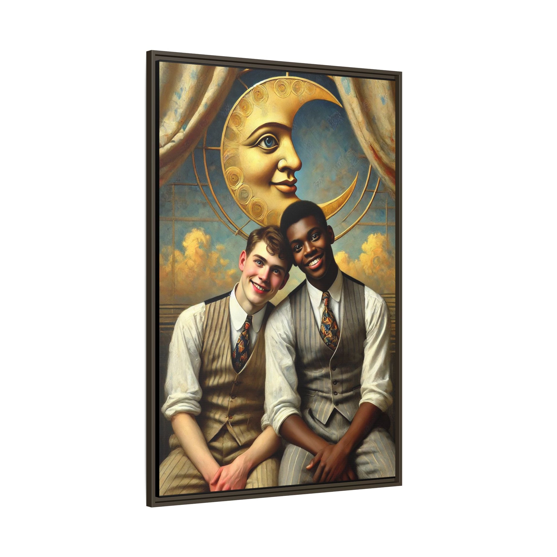 A vintage-style artwork showing a young interracial gay couple in 1920s attire sitting beneath a golden crescent moon with a serene expression. Their joyful closeness reclaims erased queer history and reflects the beauty of interracial love through a lens of tenderness and celebration.